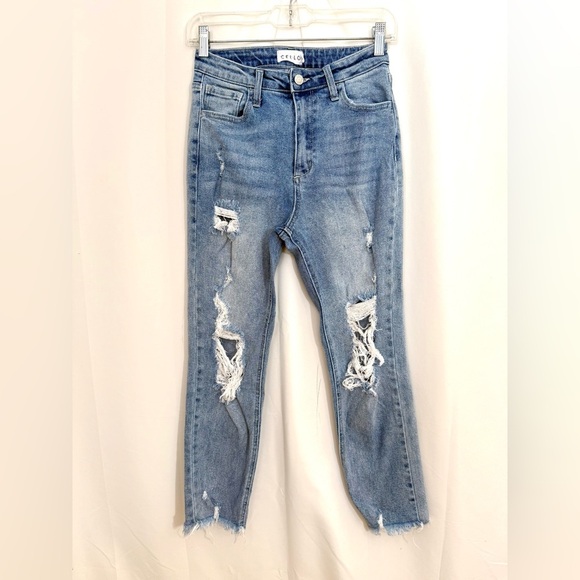 Cello High Rise Straight Leg Destroyed Ankle Length Jeans With Distressed Hem - Picture 3 of 11